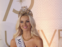 Miss Denmark Victoria Kjaer attends a press event after being crowned Miss Universe following her participation in the 73rd Miss Universe Pa...