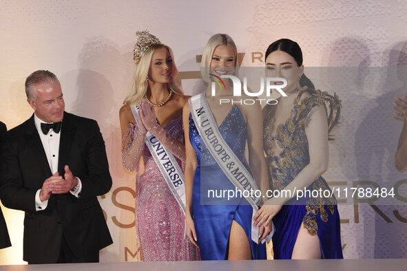 (L-R) Raul Rocha Cantu, Miss Denmark Victoria Kjaer, Miss Finland Matilda Wirtavuori, Anne Jakkapong Jakrajutatip, and Miss Nigeria Chidimma...