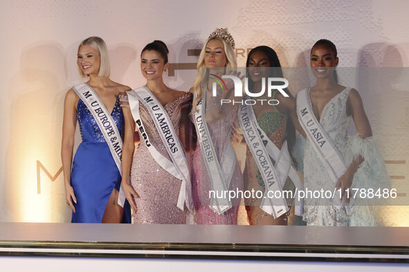 (L-R) Miss Finland Matilda Wirtavuori, Miss Peru Tatiana Calmell, Miss Denmark Victoria Kjaer, and Miss Nigeria Chidimma Adetshinar attend a...