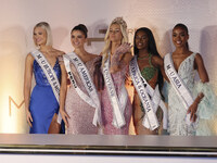 (L-R) Miss Finland Matilda Wirtavuori, Miss Peru Tatiana Calmell, Miss Denmark Victoria Kjaer, and Miss Nigeria Chidimma Adetshinar attend a...