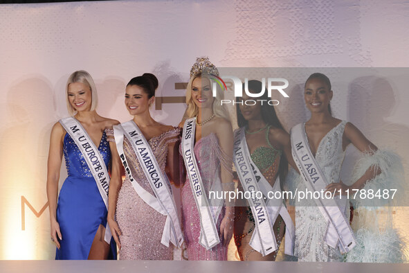 (L-R) Miss Finland Matilda Wirtavuori, Miss Peru Tatiana Calmell, Miss Denmark Victoria Kjaer, and Miss Nigeria Chidimma Adetshinar attend a...