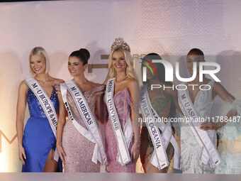 (L-R) Miss Finland Matilda Wirtavuori, Miss Peru Tatiana Calmell, Miss Denmark Victoria Kjaer, and Miss Nigeria Chidimma Adetshinar attend a...