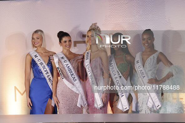 (L-R) Miss Finland Matilda Wirtavuori, Miss Peru Tatiana Calmell, Miss Denmark Victoria Kjaer, and Miss Nigeria Chidimma Adetshinar attend a...