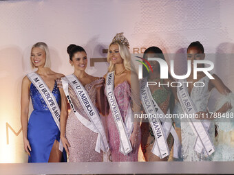 (L-R) Miss Finland Matilda Wirtavuori, Miss Peru Tatiana Calmell, Miss Denmark Victoria Kjaer, and Miss Nigeria Chidimma Adetshinar attend a...