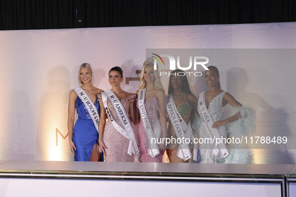 (L-R) Miss Finland Matilda Wirtavuori, Miss Peru Tatiana Calmell, Miss Denmark Victoria Kjaer, and Miss Nigeria Chidimma Adetshinar attend a...