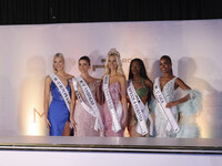 (L-R) Miss Finland Matilda Wirtavuori, Miss Peru Tatiana Calmell, Miss Denmark Victoria Kjaer, and Miss Nigeria Chidimma Adetshinar attend a...