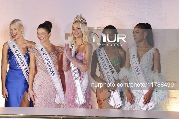 (L-R) Miss Finland Matilda Wirtavuori, Miss Peru Tatiana Calmell, Miss Denmark Victoria Kjaer, and Miss Nigeria Chidimma Adetshinar attend a...