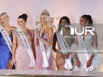 (L-R) Miss Finland Matilda Wirtavuori, Miss Peru Tatiana Calmell, Miss Denmark Victoria Kjaer, and Miss Nigeria Chidimma Adetshinar attend a...