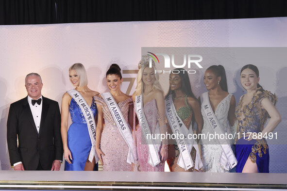 (L-R) Miss Finland Matilda Wirtavuori, Miss Peru Tatiana Calmell, Miss Denmark Victoria Kjaer, and Miss Nigeria Chidimma Adetshinar attend a...