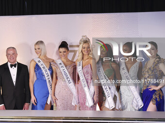 (L-R) Miss Finland Matilda Wirtavuori, Miss Peru Tatiana Calmell, Miss Denmark Victoria Kjaer, and Miss Nigeria Chidimma Adetshinar attend a...