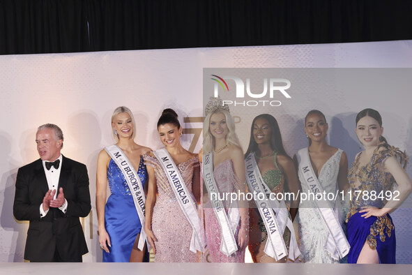 (L-R) Miss Finland Matilda Wirtavuori, Miss Peru Tatiana Calmell, Miss Denmark Victoria Kjaer, and Miss Nigeria Chidimma Adetshinar attend a...