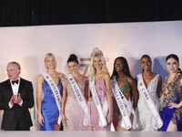 (L-R) Miss Finland Matilda Wirtavuori, Miss Peru Tatiana Calmell, Miss Denmark Victoria Kjaer, and Miss Nigeria Chidimma Adetshinar attend a...