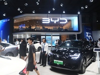 Visitors visit BYD's stand at the Guangzhou Auto Show 2024 in Guangzhou, Guangdong, China, on November 15, 2024. China's new energy vehicle...