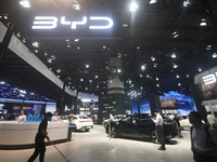 Visitors visit BYD's stand at the Guangzhou Auto Show 2024 in Guangzhou, Guangdong, China, on November 15, 2024. China's new energy vehicle...