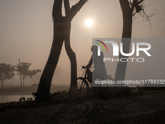 A farmer rides a bicycle to his workplace during a light foggy morning in Gouripur, Mymensingh, Bangladesh, on November 18, 2024. (