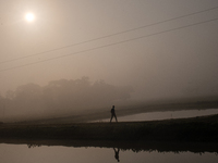 A farmer goes to his workplace during a light foggy morning in Gouripur, Mymensingh, Bangladesh, on November 18, 2024. (