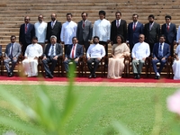 Sri Lankan President Anura Kumara Dissanayake and Prime Minister Harini Amarasuriya pose for a photograph with newly appointed cabinet minis...