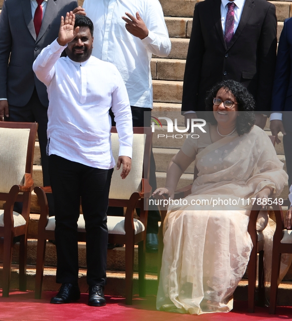 Sri Lankan president Anura Kumara Dissanayake and prime minister Harini Amarasuriya pose for a photograph with newly appointed cabinet minis...