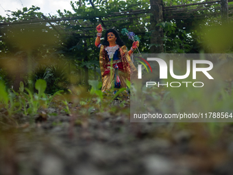 A clay idol of Kartik is on a vegetable farming field in Nandail, Mymensingh, Bangladesh, on November 18, 2024. In regional folklore, Kartik...