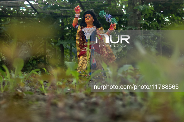 A clay idol of Kartik is on a vegetable farming field in Nandail, Mymensingh, Bangladesh, on November 18, 2024. In regional folklore, Kartik...