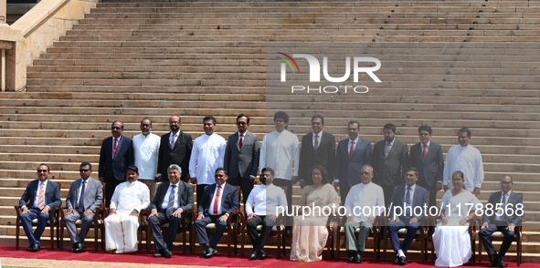 Sri Lankan President Anura Kumara Dissanayake and Prime Minister Harini Amarasuriya pose for a photograph with newly appointed cabinet minis...