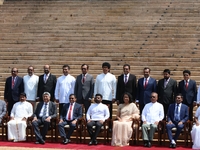 Sri Lankan President Anura Kumara Dissanayake and Prime Minister Harini Amarasuriya pose for a photograph with newly appointed cabinet minis...