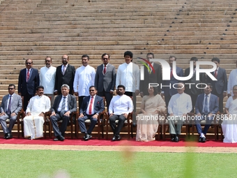 Sri Lankan President Anura Kumara Dissanayake and Prime Minister Harini Amarasuriya pose for a photograph with newly appointed cabinet minis...