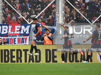 Alexis Cuello of San Lorenzo celebrates after scoring the team's first goal during a Liga Profesional 2024 match between San Lorenzo and Rac...