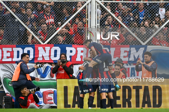 Alexis Cuello of San Lorenzo celebrates after scoring the team's first goal during a Liga Profesional 2024 match between San Lorenzo and Rac...