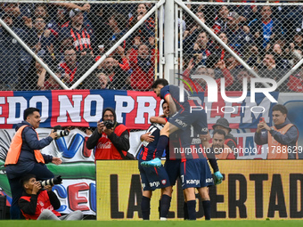 Alexis Cuello of San Lorenzo celebrates after scoring the team's first goal during a Liga Profesional 2024 match between San Lorenzo and Rac...