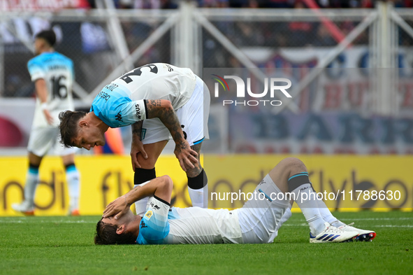 Bruno Zuculini and Santiago Sosa of Racing Club are in action during a Liga Profesional 2024 match between San Lorenzo and Racing Club at Es...