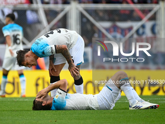 Bruno Zuculini and Santiago Sosa of Racing Club are in action during a Liga Profesional 2024 match between San Lorenzo and Racing Club at Es...