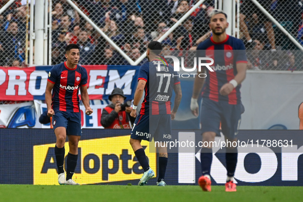 Alexis Cuello of San Lorenzo celebrates after scoring the team's first goal during a Liga Profesional 2024 match between San Lorenzo and Rac...