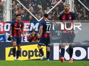 Alexis Cuello of San Lorenzo celebrates after scoring the team's first goal during a Liga Profesional 2024 match between San Lorenzo and Rac...