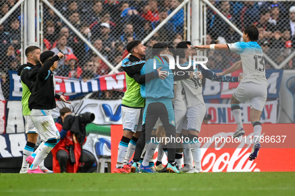 Santiago Sosa of Racing Club celebrates with his teammates after scoring his team's goal during a Liga Profesional 2024 match between San Lo...