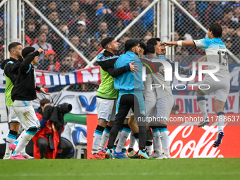 Santiago Sosa of Racing Club celebrates with his teammates after scoring his team's goal during a Liga Profesional 2024 match between San Lo...