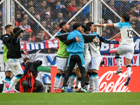 Santiago Sosa of Racing Club celebrates with his teammates after scoring his team's goal during a Liga Profesional 2024 match between San Lo...