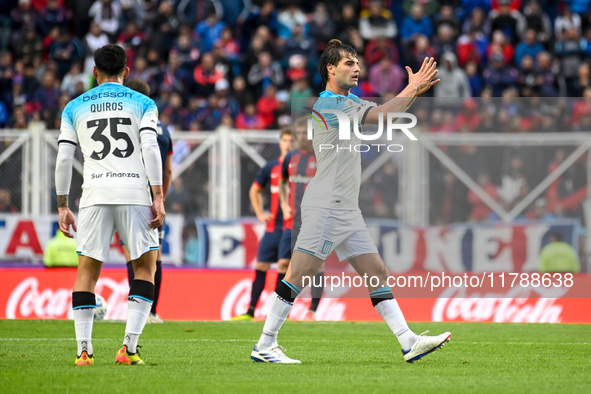 Santiago Sosa of Racing Club reacts during a Liga Profesional 2024 match between San Lorenzo and Racing Club at Estadio Pedro Bidegain in Bu...