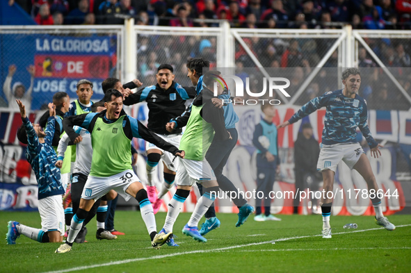 Gustavo Costas, coach of Racing Club, celebrates with his teammates after his team scores a goal during a Liga Profesional 2024 match betwee...