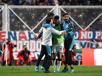 Gustavo Costas, coach of Racing Club, celebrates with his teammates after his team scores a goal during a Liga Profesional 2024 match betwee...