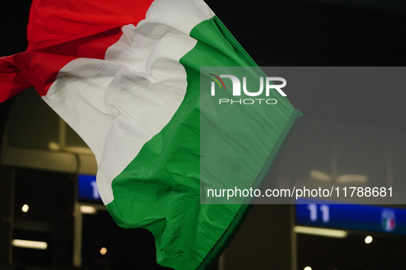 The Italian flag is displayed during the UEFA Nations League, League A, Group A2 football match between Italy and France at Stadio San Siro...