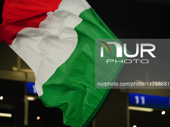 The Italian flag is displayed during the UEFA Nations League, League A, Group A2 football match between Italy and France at Stadio San Siro...