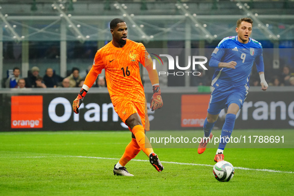 Mike Maignan (France) participates in the UEFA Nations League, League A, Group A2 football match between Italy and France in Milan, Italy, o...