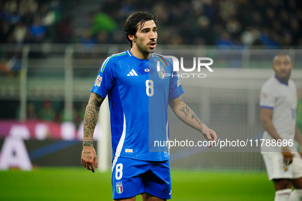 Sandro Tonali (Italy) participates in the UEFA Nations League, League A, Group A2 football match between Italy and France in Milan, Italy, o...