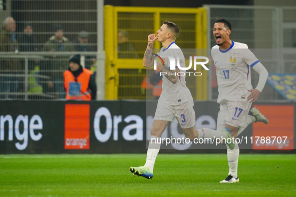 Lucas Digne (France) celebrates his goal during the UEFA Nations League, League A, Group A2 football match between Italy and France at Stadi...