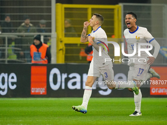 Lucas Digne (France) celebrates his goal during the UEFA Nations League, League A, Group A2 football match between Italy and France at Stadi...