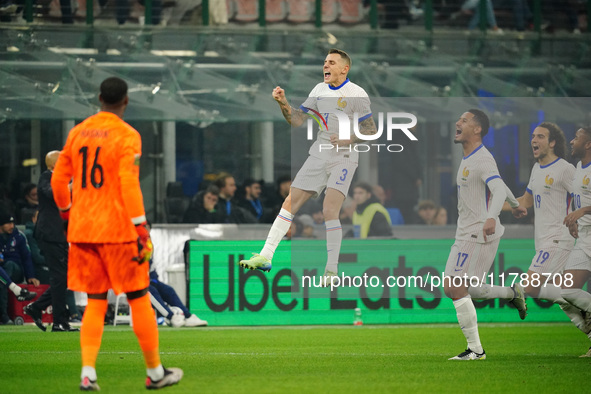 Lucas Digne (France) celebrates his goal during the UEFA Nations League, League A, Group A2 football match between Italy and France at Stadi...