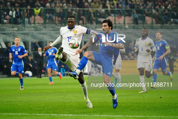 Sandro Tonali (Italy) and Ibrahima Konate (France) participate in the UEFA Nations League, League A, Group A2 football match between Italy a...