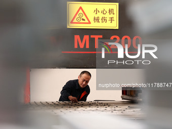 A worker produces intelligent devices in a manufacturing workshop in Binzhou City, Shandong Province, China, on November 18, 2024. (