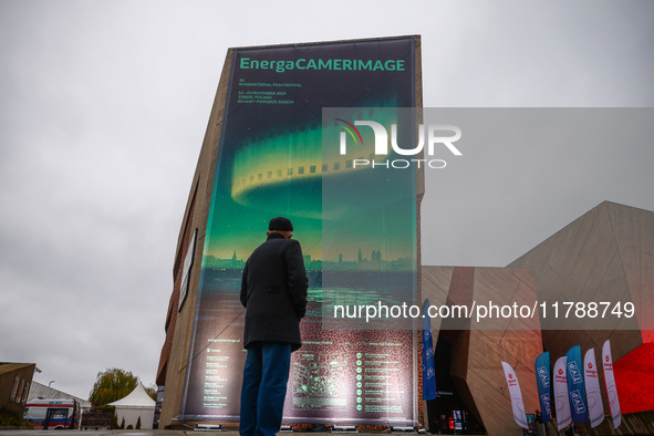 An official poster of the 32nd International Film Festival Energa CAMERIMAGE hanging on the Cultural and Congress Centre Jordanki, Torun, Po...